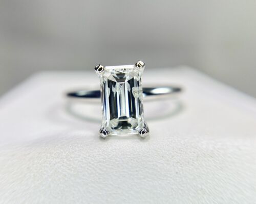 14k White Gold Emerald Cut Shape Natural Diamond Solitaire Engagement Ring