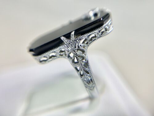 Art Deco 14k White Gold Natural Old European Diamond Black Onyx Filigree Ring