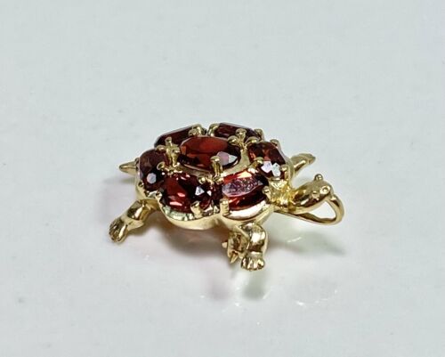 Vintage 10k Yellow Gold Designer Rhodolite Garnet Handcrafted Turtle Pendant Pin