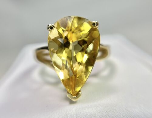 Vintage 10k Yellow Gold Pear Shape Big Orange Citrine Solitaire Statement Ring