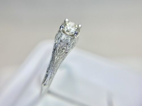 14k White Gold Vintage Style Natural Round Diamond Filigree Engagement Ring