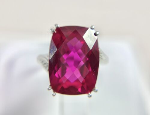 Vintage 10k White Gold Checkerboard Cut Big Pink Gemstone Round Diamond Ring