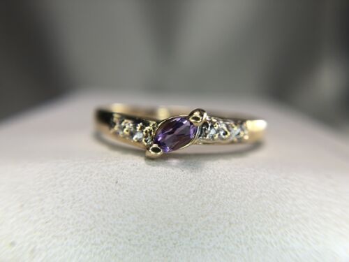 10k Yellow Gold Marquise Shape Pink Amethyst Round Diamond Stackable Ring