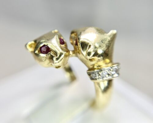 Vintage 14k Yellow Gold Natural Round Red Ruby Diamond Panther Head Ring