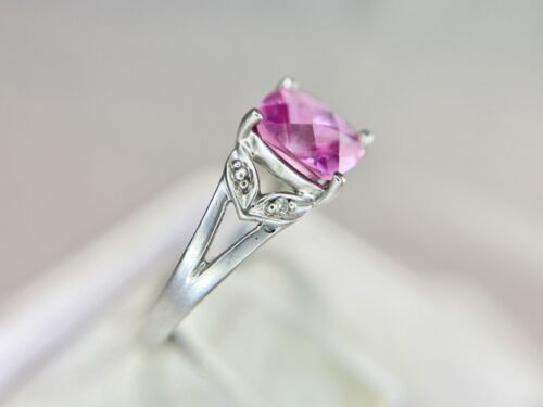 Vintage 10k White Gold Cushion Checkerboard Pink Topaz Round Diamond Ring