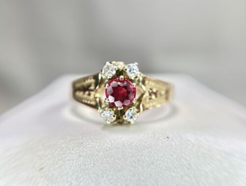 Vintage Victorian Era 10k Rose Gold Natural Red Ruby Round Diamond Ring