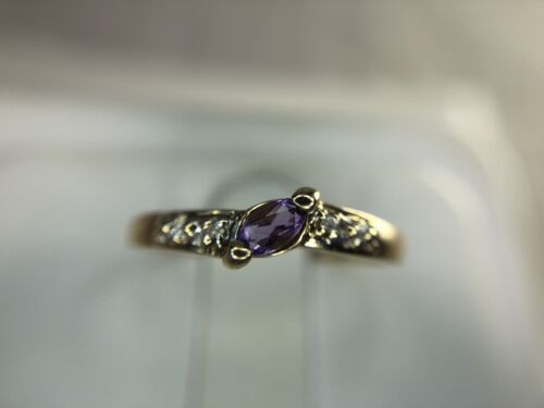 10k Yellow Gold Marquise Shape Pink Amethyst Round Diamond Stackable Ring