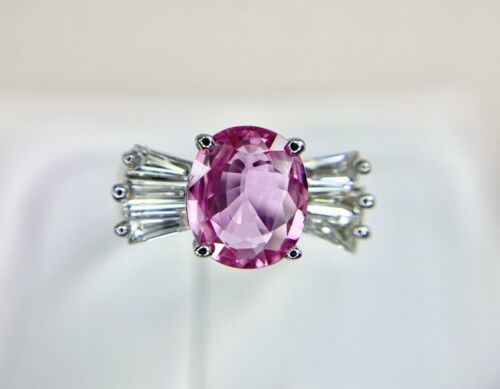 14k White Gold Natural Oval Pink Sapphire Baguette Diamond GIA Certified Ring