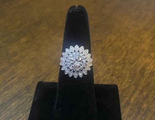 Art Deco 14k White Gold Natural Old European Round Diamond Big Cocktail Ring