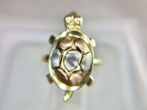 Vintage 14k Yellow Rose White Gold Hand Crafted Turtle Big Cocktail Ring