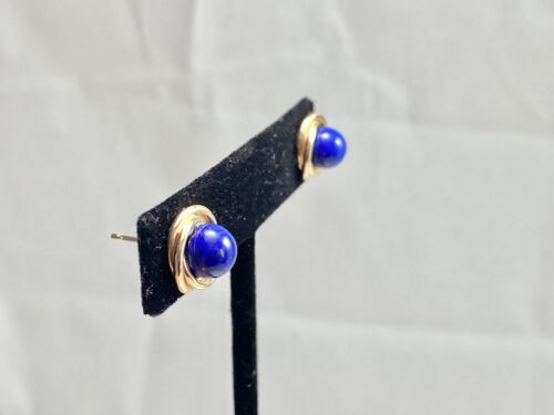 Vintage 14k Yellow Gold Handcrafted Natural Round Lapis Lazuli Stud Earrings