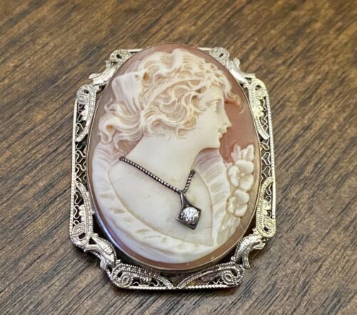 Art Deco 14k White Gold Natural Round Diamond Lady Cameo Filigree Pin Pendant