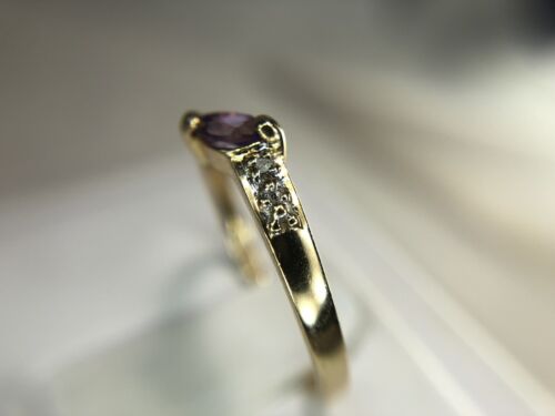 10k Yellow Gold Marquise Shape Pink Amethyst Round Diamond Stackable Ring