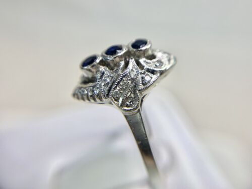 Art Deco Signed 18k White Gold Blue Sapphire Round Diamond Small Cocktail Ring