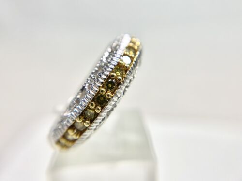 14k White Gold Designer Fancy Yellow Round Brilliant Diamond Filigree Band Ring