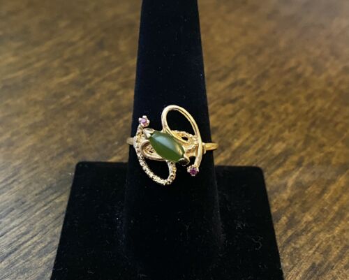 Vintage 10k Yellow Gold Marquise Green Jade Round Red Ruby Cocktail Ring