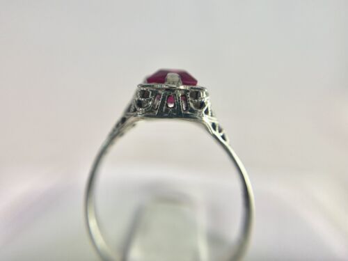 Vintage Art Deco 10k White Gold Emerald Cut Pink Stone Filigree Solitaire Ring