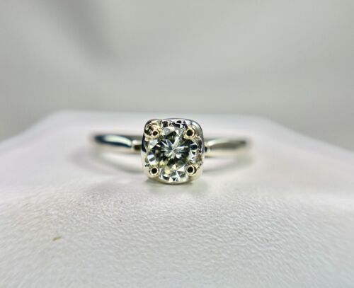 Vintage 14k White Gold Natural Round Diamond Solitaire Classic Engagement Ring