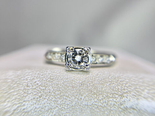 Vintage Art Deco 14k White Gold Round Old Cut Diamond Engagement Ring 1/3 TCW