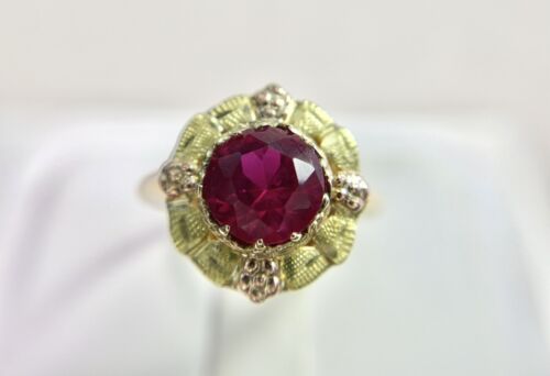 Vintage 10k Yellow Gold Round Red Ruby Flower Designer Solitaire Ring