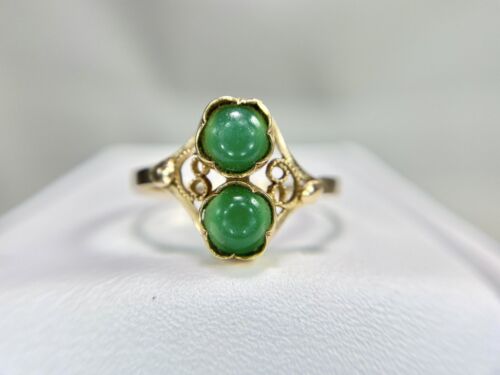 Vintage 14k Rose Gold Round Green Chalcedony Small Bezel Filigree Cocktail Ring