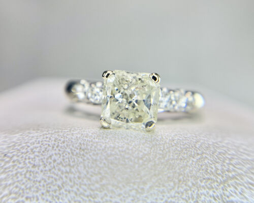 Vintage 14k White Gold Radiant Cut Round Natural Diamond Engagement Ring