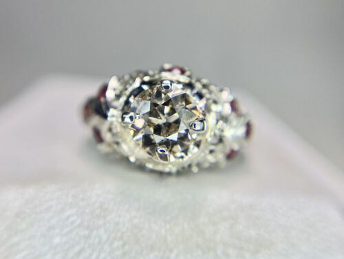 Art Deco 18k White Gold Old European Diamond Rhodolite Garnet Filigree Ring