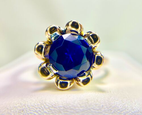 Vintage Art Deco 18k Rose Gold Round Blue Sapphire Flower Solitaire Ring