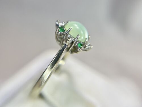 Vintage 14k White Gold Oval Light Green Jade Round Diamond Ballerina Ring