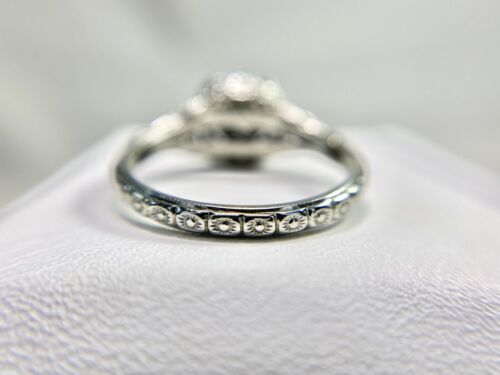 Art Deco 18k White Gold Natural Old European Diamond Engraved Engagement Ring