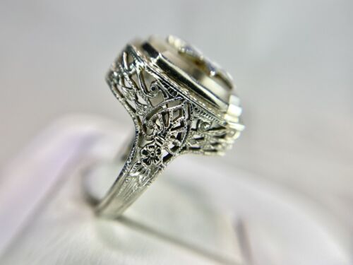 Vintage Art Deco 14k White Gold Fraternal Filigree Carved Quartz Cocktail Ring