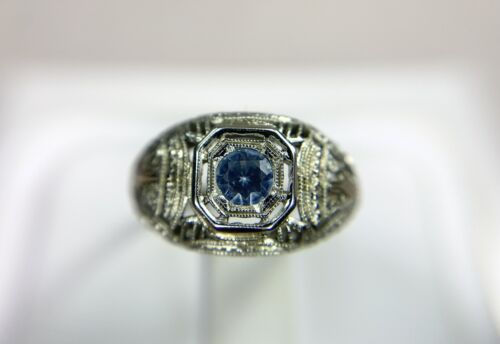 Art Deco 18k White Gold Round Light Blue Topaz Filigree Cocktail Ring