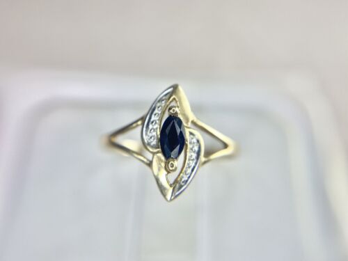 Vintage 10k Yellow Gold Marquise Shape Blue Sapphire Small Solitaire Ring