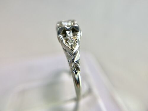 Art Deco 18k White Gold Natural Round Single Cut Diamond Small Engagement Ring