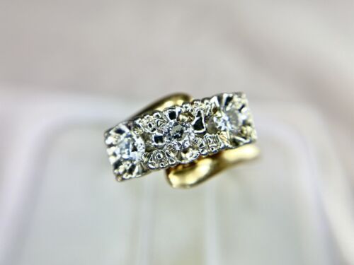 Art Deco 14k Yellow Gold Old European Round Diamond Three Stone Engagement Ring