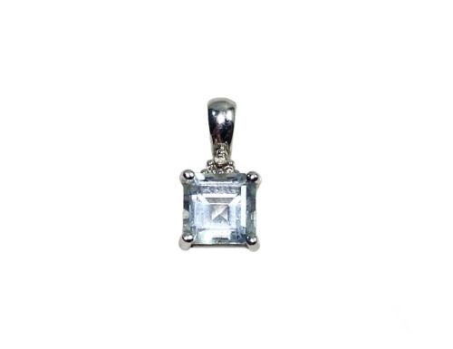 Vintage 10k White Gold Square Cut Light Blue Topaz Round Diamond Pendant