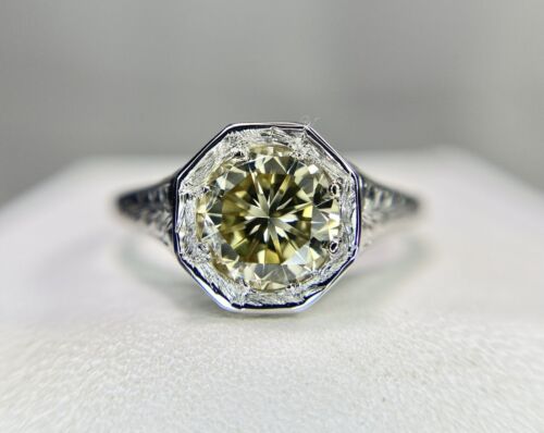 Vintage Platinum Natural Fancy Color Round Diamond GIA Certified Engagement Ring