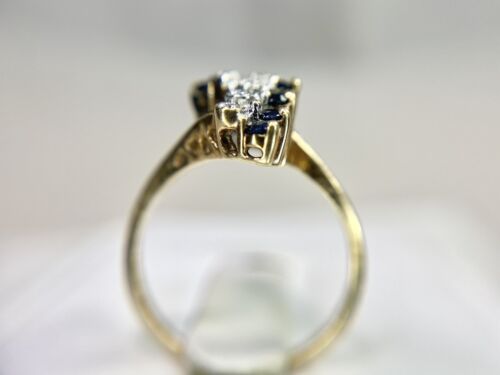 Vintage 10k Yellow Gold Round Blue Sapphire Diamond Small Cocktail Ring