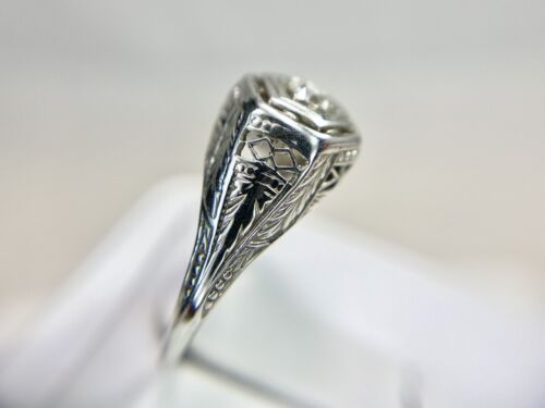 Art Deco 18k White Gold Old European Diamond Filigree Solitaire Engagement Ring