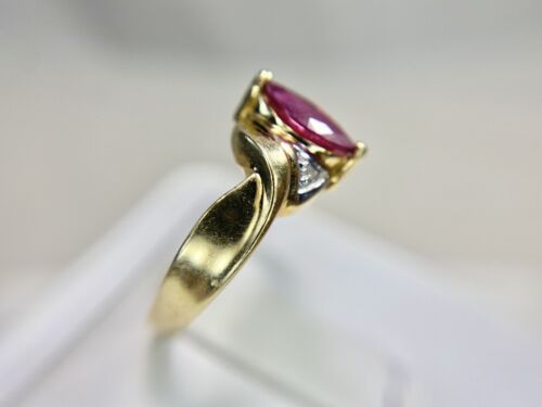 Vintage 10k Yellow Gold Signed Marquise Shape Red Ruby Round Diamond Ring