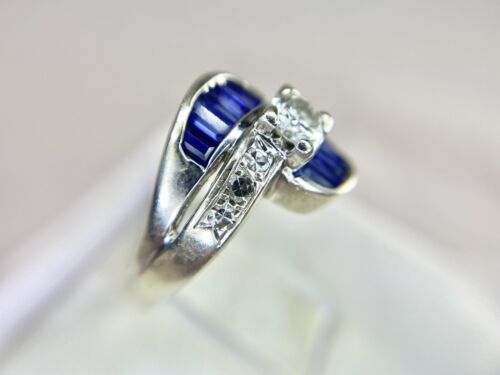 Art Deco 14k White Gold Natural Round Diamond Baguette Sapphire Engagement Ring