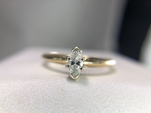 Vintage 14k Yellow Gold Marquise Cut Natural Diamond Solitaire Small Engagement 