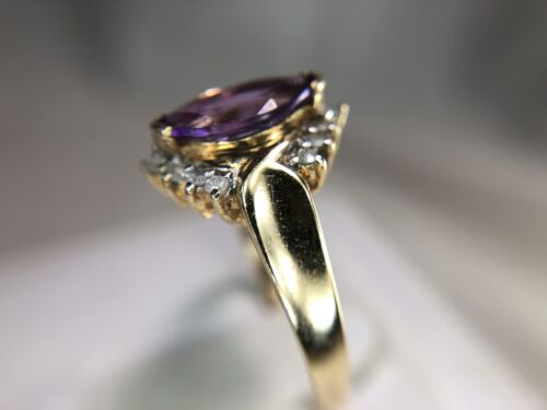 Vintage 10k Yellow Gold Marquise Cut Purple Amethyst Round Diamond Ring