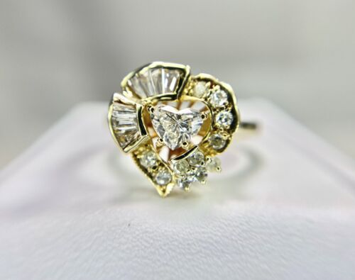 Vintage 14k Yellow Gold Natural Heart Shape Baguette Cut DIamond Cocktail Ring