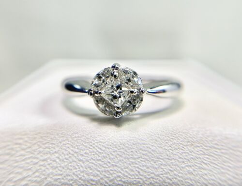 14k White Gold Natural Marquise Princess Cut Round Diamond Cluster Ring