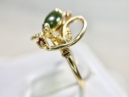 Vintage 10k Yellow Gold Marquise Green Jade Round Red Ruby Cocktail Ring