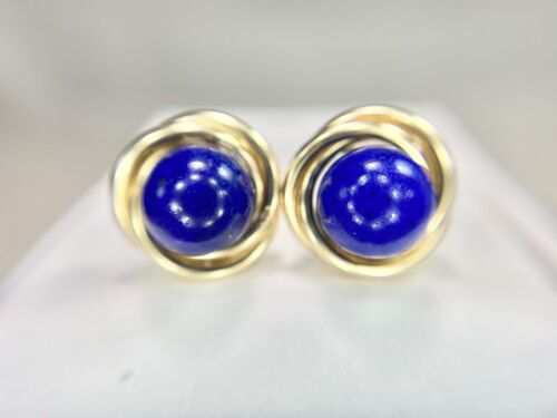 Vintage 14k Yellow Gold Handcrafted Natural Round Lapis Lazuli Stud Earrings