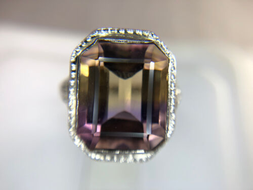 Art Deco 14k White Gold Emerald Cut Natural Ametrine Filigree Cocktail Ring