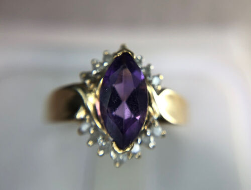 Vintage 10k Yellow Gold Marquise Cut Purple Amethyst Round Diamond Ring