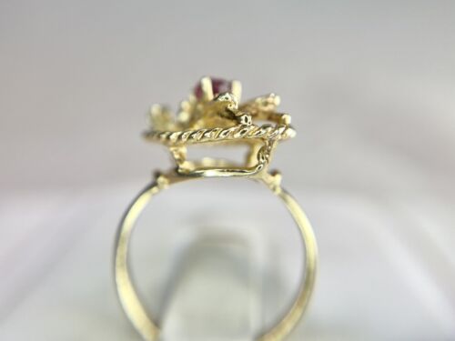 Vintage 14k Yellow Gold Pear Shape Rhodolite Garnet Round Diamond Fly Bug Ring